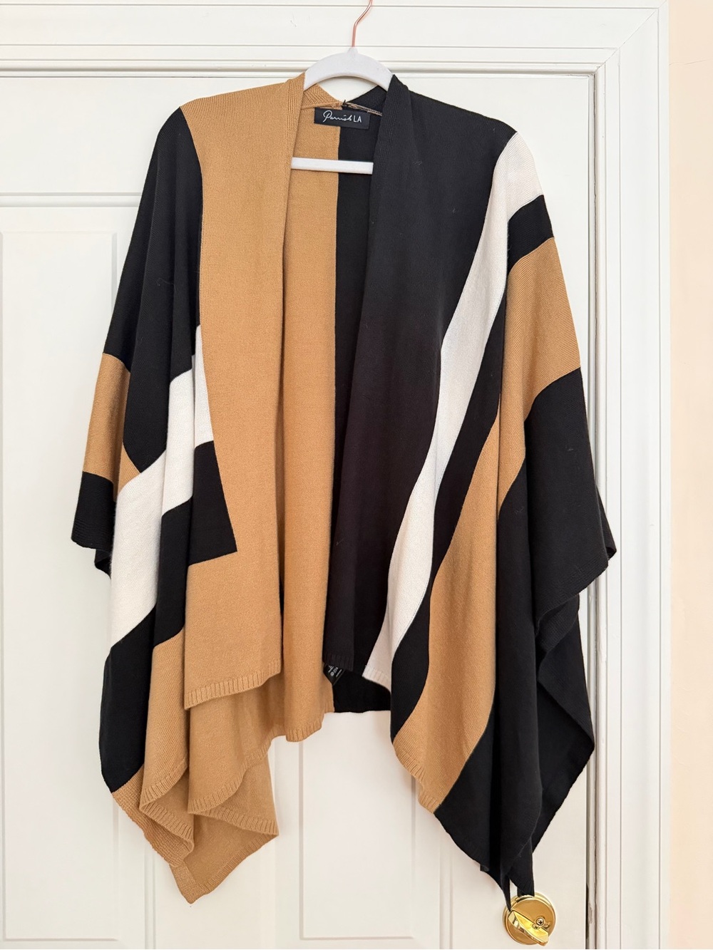 Open-Front Colorblock Cape — Black, Camel & White